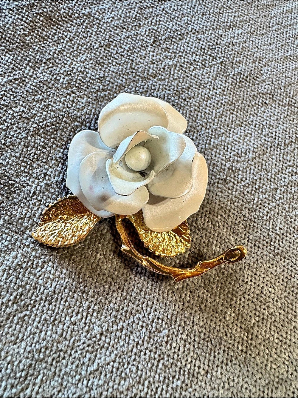White Flower Brooch with Gold Leaves